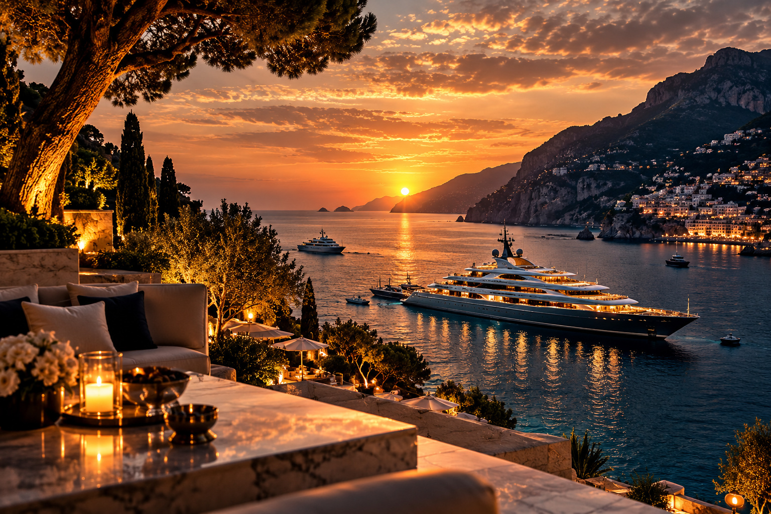 Luxury yacht at sunset
